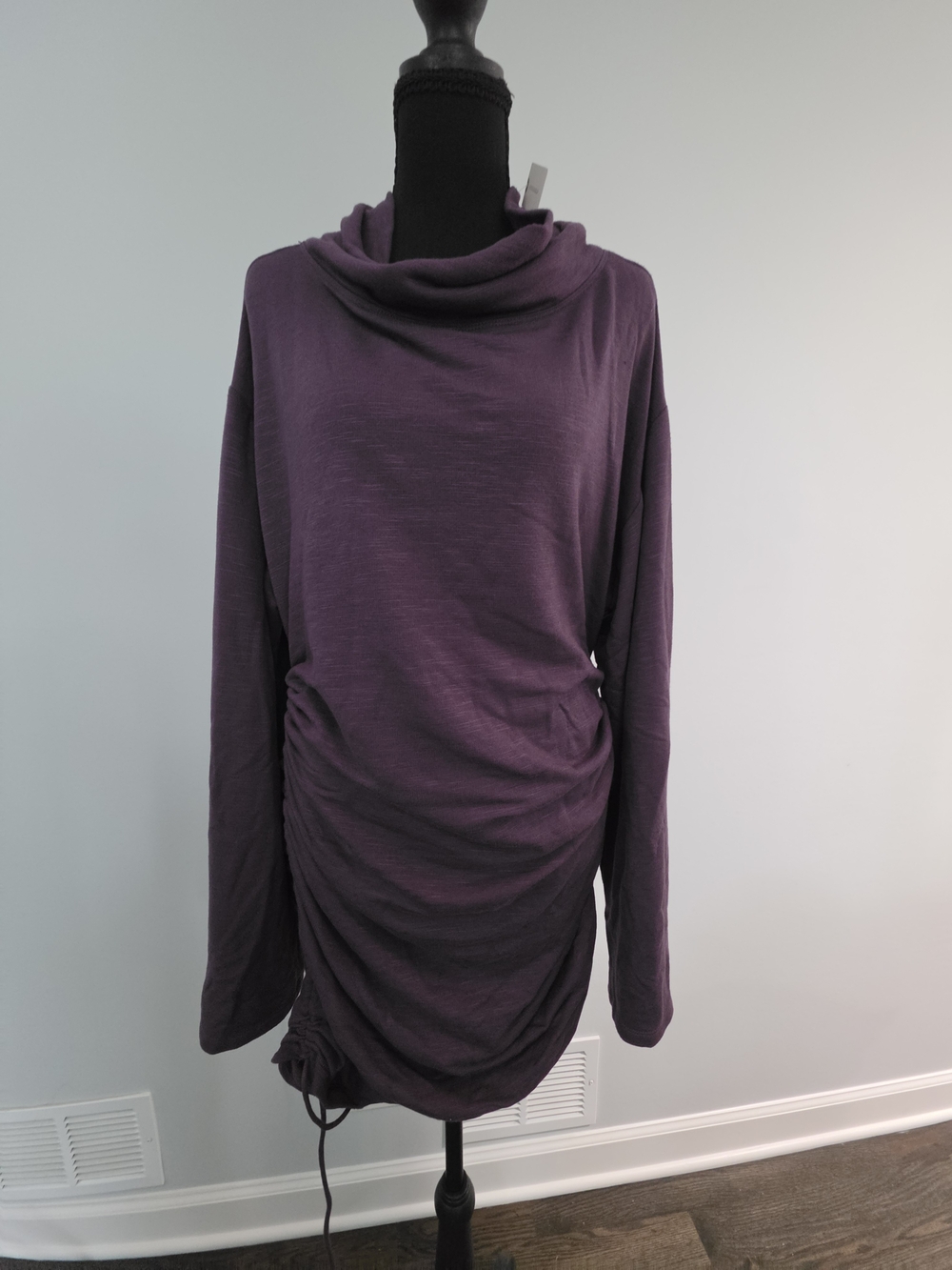 Long Sleeve Cowl Neck Ruched Dress -Purple